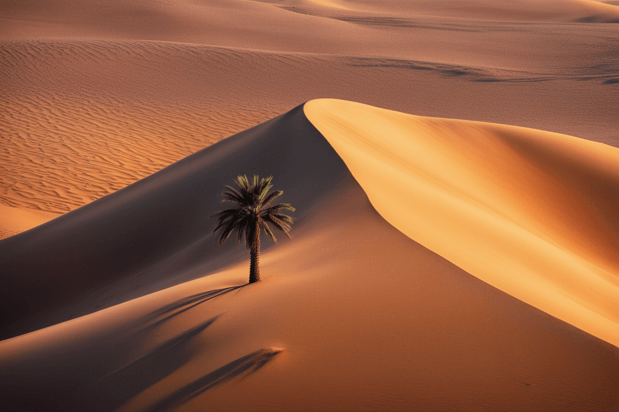a picture of a vast desert with sand dunes and a single palm tree, painted in a surrealist style with vibrant colors, captured using a telephoto lens and 4K resolution.