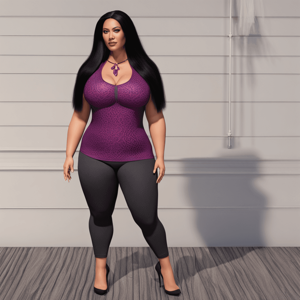 Design an advanced rendering of a women's plus-size model named Nana, representing an American skin tone. Nana has long black hair, freckles, and features red and purple tones throughout her appearance. Create a 4D render that is highly realistic, suitable for 4K printing, and includes a combination of text and imagery. Ensure that the rendering showcases Nana's beauty in intricate detail.