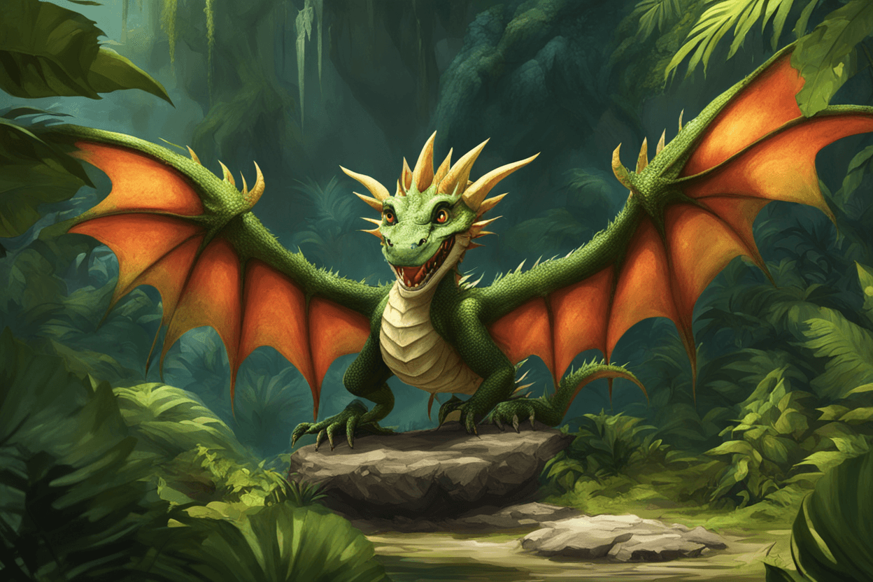 a jauguar with dragon wings that has a happy smile and is in the jungle