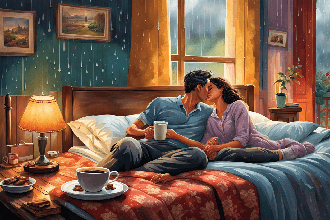 a highly detailed jigsaw puzzle of a man holding a woman, they are both lying in bed in the early morning, there is rain outside and a steaming cup of coffee by the bed side table, colors are soft and muted