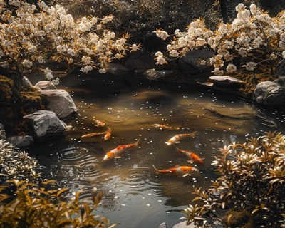 A serene Japanese garden in the heart of spring, featuring a tranquil koi pond surrounded by blooming cherry blossom trees. The scene is bathed in soft, golden sunlight filtering through the branches. The art style is inspired by the delicate brushwork of traditional Japanese ink wash painting (sumi-e). The image should be captured with a wide-angle lens to encompass the entire garden, highlighting the intricate details of the flora and the gentle ripples in the pond.