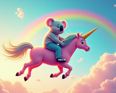 A koala riding a rainbow unicorn in the sky 