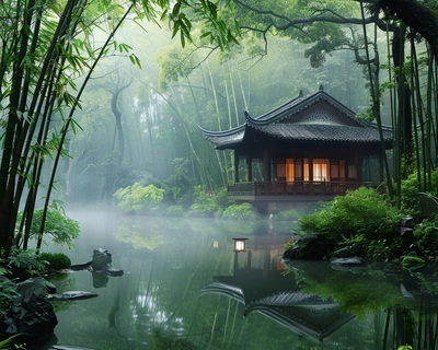 Create an image of an elegant, ancient Japanese tea house nestled in a serene bamboo forest during a misty morning. The art style should be inspired by the traditional Japanese ukiyo-e woodblock prints, capturing intricate details and vibrant colors. Use a wide-angle camera lens to encompass the lush bamboo trees, the calm pond nearby, and the delicate architecture of the tea house. The atmosphere should feel tranquil, with soft light filtering through the mist and leaves, casting gentle shadows.