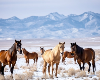 picture of wild horses in utah. snowy setting with mountains in the background
