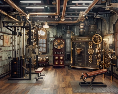 A gym in the 1980s with a steampunk twist. The gym equipment is a blend of modern workout machines and Victorian-era mechanical devices, featuring brass gears and steam-powered elements. The walls are adorned with vintage posters and brass pipes. Gym-goers are dressed in a mix of 80s workout gear and steampunk fashion, including leg warmers, goggles, and leather accessories. The overall atmosphere is an eclectic mix of retro fitness and steampunk innovation.