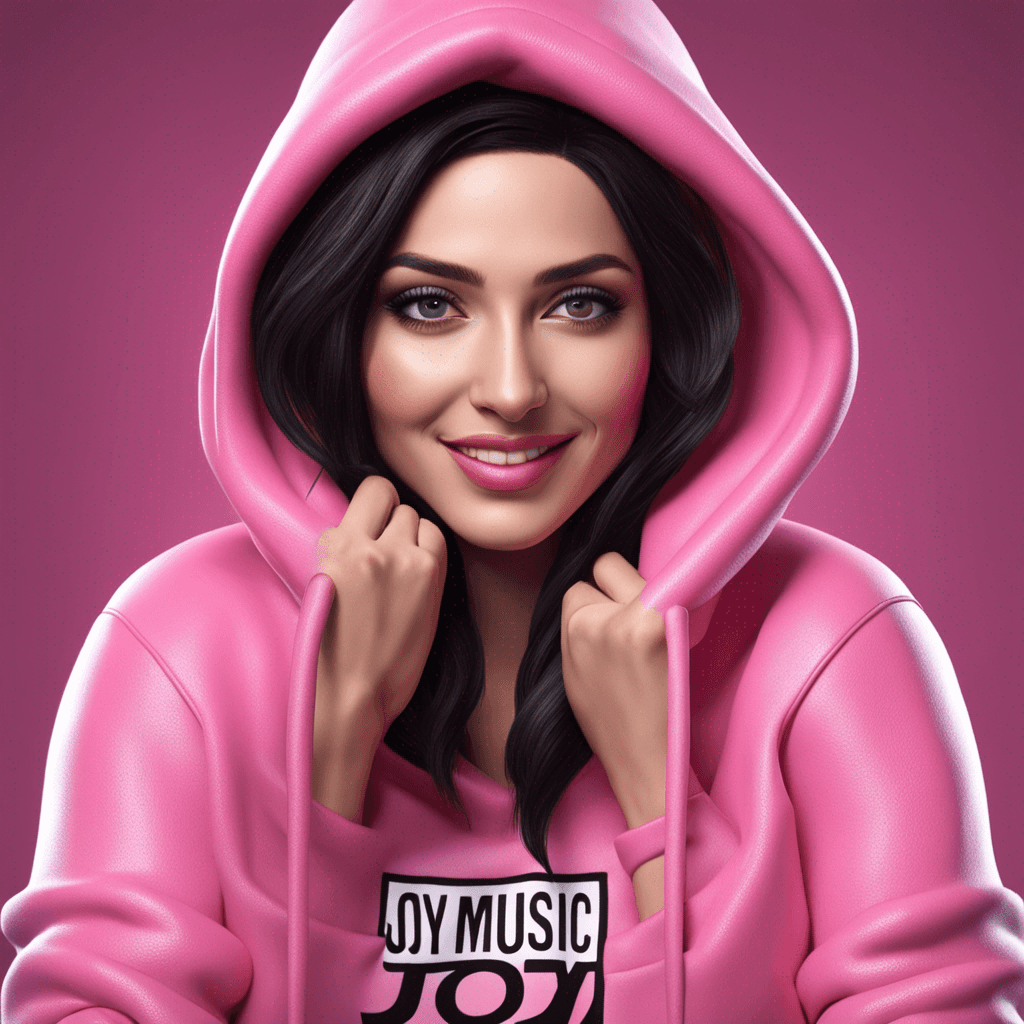 4D hyperrealistic widescreen photo in 4K resolution of a cute and fashionable real pretty woman similar to Madonna by 60% with a smile on her face, wearing a pink hoodie with the name "Joy Music" in bold, stylized typography. She has black eyes, dark hair, and a natural, radiant complexion. Her body is curvy and toned, and she is posing in a dynamic and engaging way, with one foot slightly forward and her arms at her sides. The lighting is soft and flattering, accentuating her natural beauty and highlighting her stylish outfit. The overall look of the image is both captivating and inspiring, capturing the essence of a true fashion icon.

The out-of-the-box twist is that the woman is actually a cartoon character, drawn in a cute and whimsical style. She is standing in a lush meadow, surrounded by flowers and butterflies. The sky is a bright blue, and the sun is shining brightly. The overall mood of the image is one of joy and happiness.


