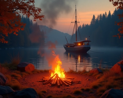 A ship in front of campfire in autumn