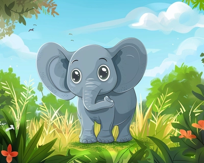 a cute elephant caricature kids friendly, on green landscape with cute eyes perfect for a jigsaw puzzle and very eye catching for kids
