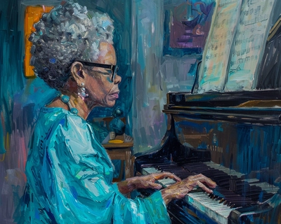 A van Gogh inspired portrait of an African-American around 50 years old with very very short, gray and black natural hair wearing bold black can I frame glasses and wearing a teal colored, flowing down while playing old black vintage upright piano in her living room