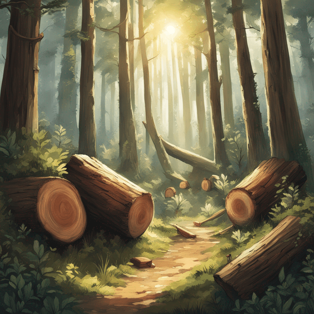 A forest filled with logs and trees, mystical creature, and sunlight