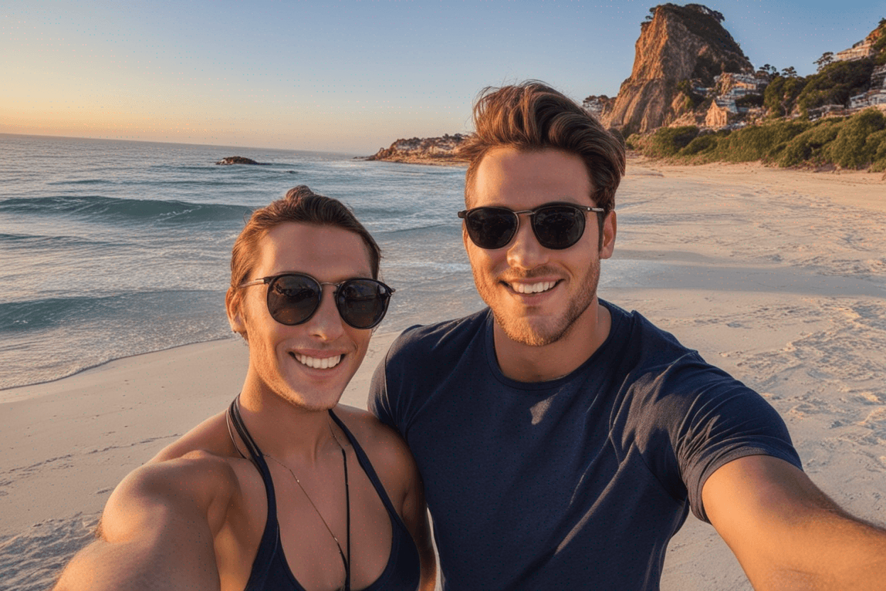 a picture of my boyfriend and I on the beach. a selfie
