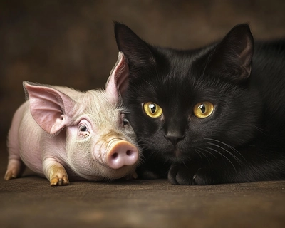 A picture of a black cat with yellow eyes and a similar sized pig laying down together