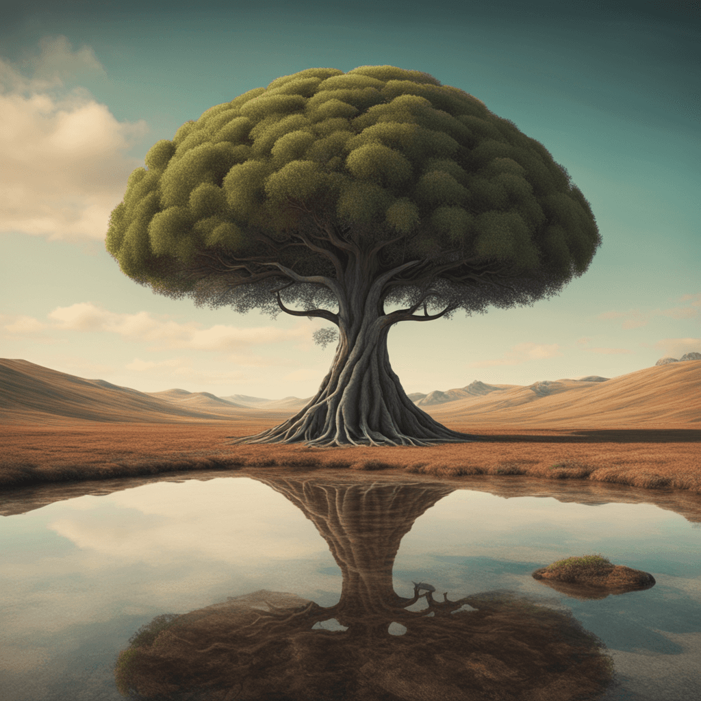 a picture of a surreal landscape with a single tree in the center, painted with a surrealist art style, shot with a wide angle lens and 4K resolution.