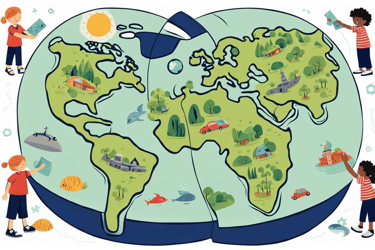 A drawing of planet earth puzzle with two missing pieces. two girls are holding one piece of puzzle each to put in place, one on a ladder and the other standing. they wear a light green top, navy blue pants and black shoes
