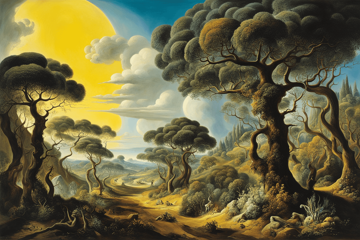 A picture of a forest landscape by Salvador Dali. Direct sunlight, highly detailed, ultra wide angle, ultra realistic