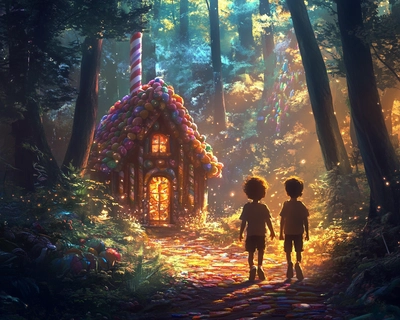 A picture of two kids walking in the forest towards a candy cabin