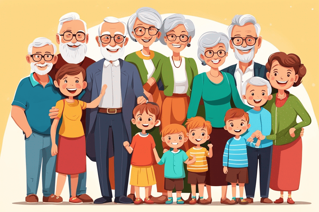 The big family with grandparents and parents with their sons and daughters with grandchildren, cartoon, 8K