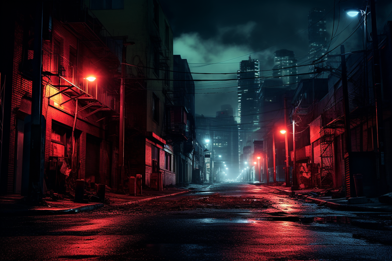 A dark and dingy city street at night, ground level, neon red lights, dark, blurry, wet