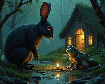 Dark, witchy vibe, cottage core, rabbit, frog, raccoon, a lot of detail an characters, high complexity
