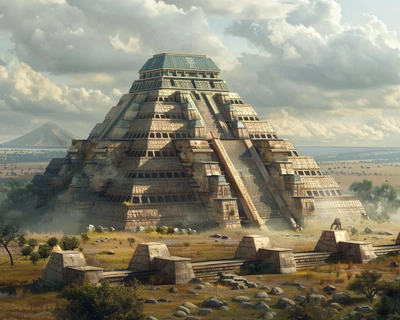 A large, pyramid-shaped stone building sits in the center of a field of weathered rocks.
The pyramid has several layers or tiers.
There are also square shaped columns in front of the pyramid
In the background, there are short trees and and rolling hills.