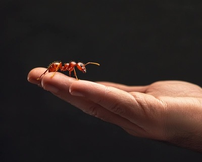 an ant in comparison to a human foot
an ant compared a hand 
an ant compared something big