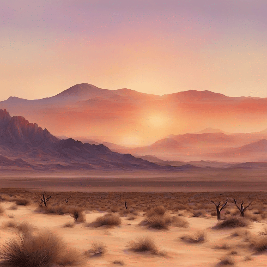 a picture of a vast desert landscape with a distant mountain range and a setting sun, painted in a watercolor and paper-textured style, captured with a telephoto lens and 4K resolution.