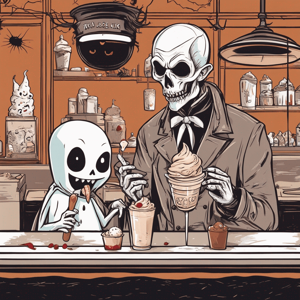 Halloween Vampire at an ice cream shop eating ice cream with his ghost friend