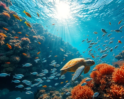 A vibrant underwater scene teeming with life, showcasing a coral reef bursting with color. Brightly colored fish dart among intricate coral formations, while delicate sea anemones sway gently with the currents. Sunlight filters through the water, creating shimmering patterns on the sandy ocean floor. A playful sea turtle glides gracefully in the foreground, surrounded by schools of tiny, iridescent fish. The rich blues and greens of the water contrast beautifully with the warm oranges, pinks, and yellows of the coral. The scene is rendered in a hyper-realistic style, capturing the intricate textures of the marine life and the enchanting play of light, evoking a sense of wonder and tranquility.