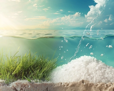 a depiction of the importance of salt in water, one side showcasing a healthy environment with adequate amount of salt while the other showing the harmful increase of salt in water