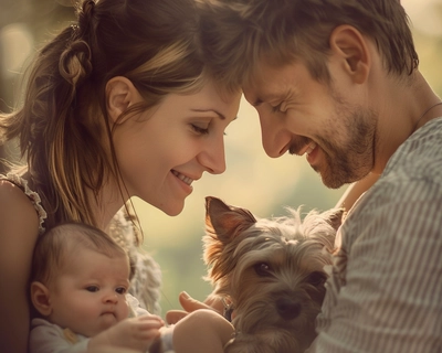 a jigsaw puzzle custom photo of charming family mom dad holding a baby with dog. nice charming happy family