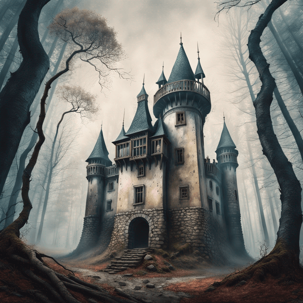 a picture of an old abandoned castle in the middle of a foggy forest. A surreal scene with a mysterious atmosphere, painted in a watercolor and paper textured style. Captured with a wide angle lens and 4K resolution.