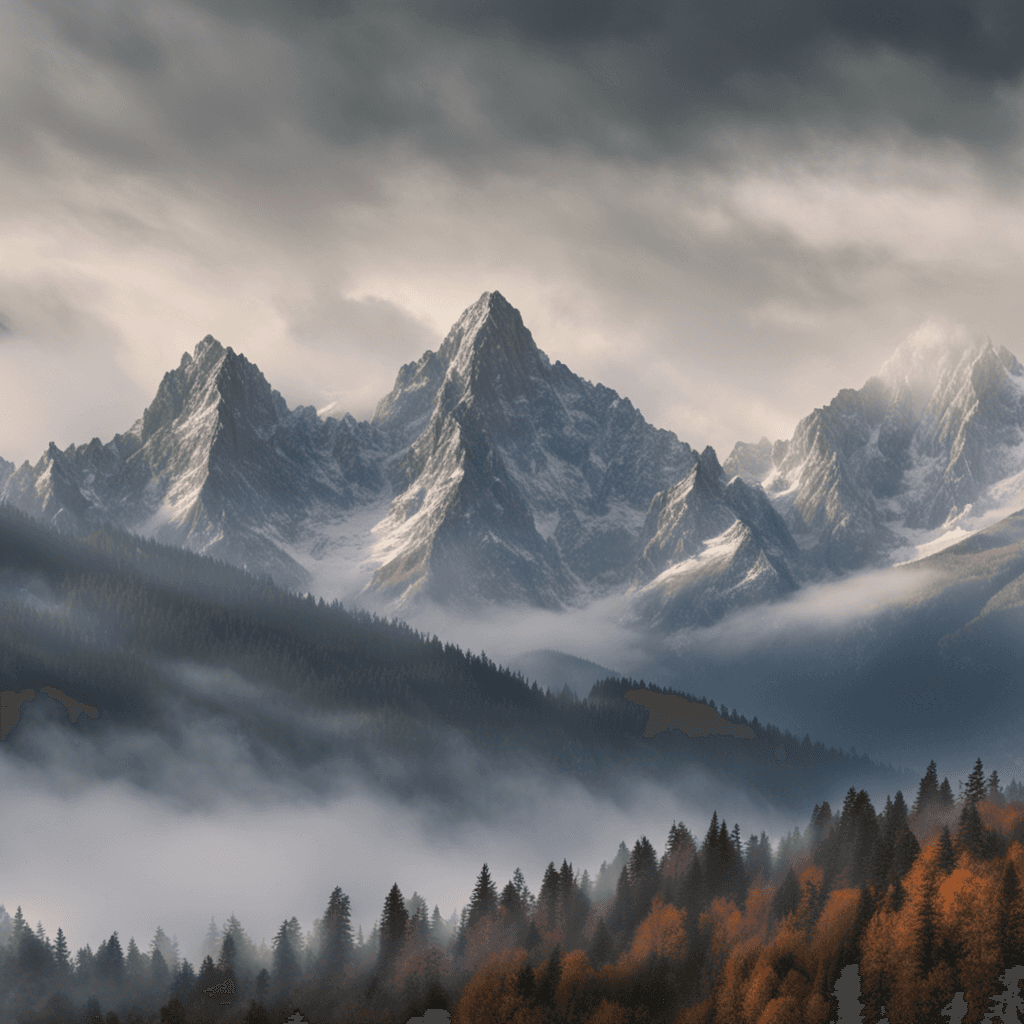 a picture of a majestic mountain range with a foggy sky, painted in an impressionist style, captured with a telephoto lens and 4K resolution.