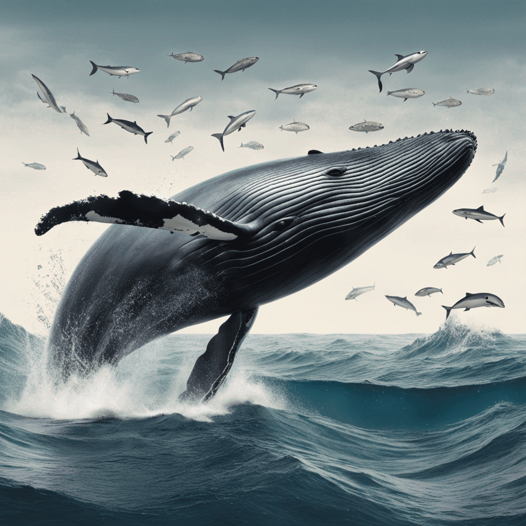 A picture of a whale in the ocean with fish around it.