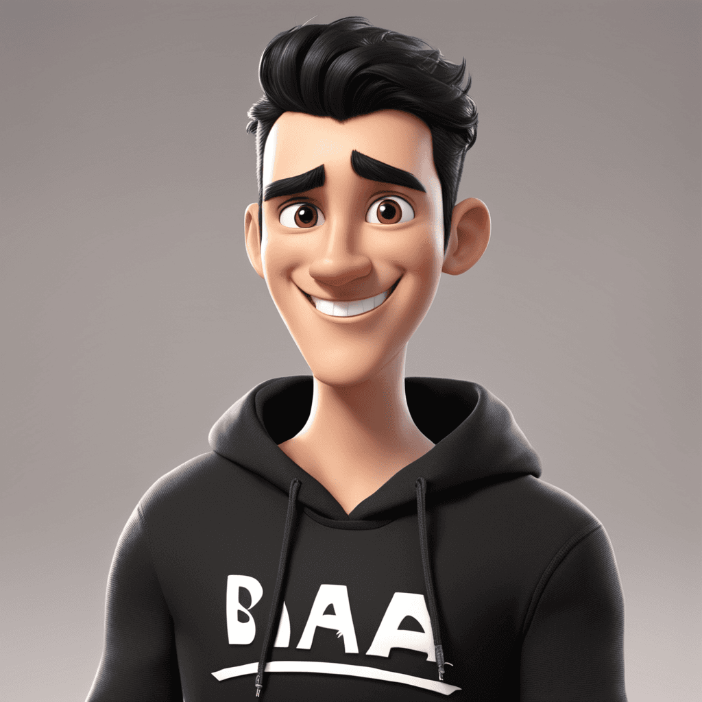 "Pixar style, Cute cartoon style of smart hero man  with smile front wearing balck hoodie   written "Basha" normal eyes and black hair, photo, 4d render, fashion "