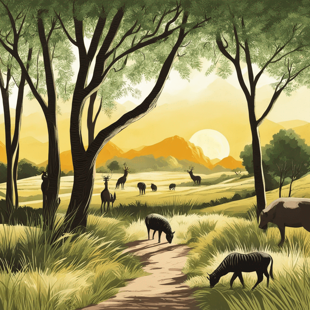 Landscape picture. With sunlight. trees . animals