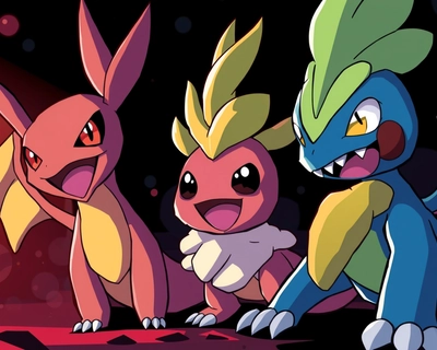 Pokemon inspired dark rhemed , cartoon style illustration, vibrant colors, fun and playful, clean bold lines, animated movie quality, dramatic lighting, high contrast, deep shadows, highly detailed, rich textures, intricate details