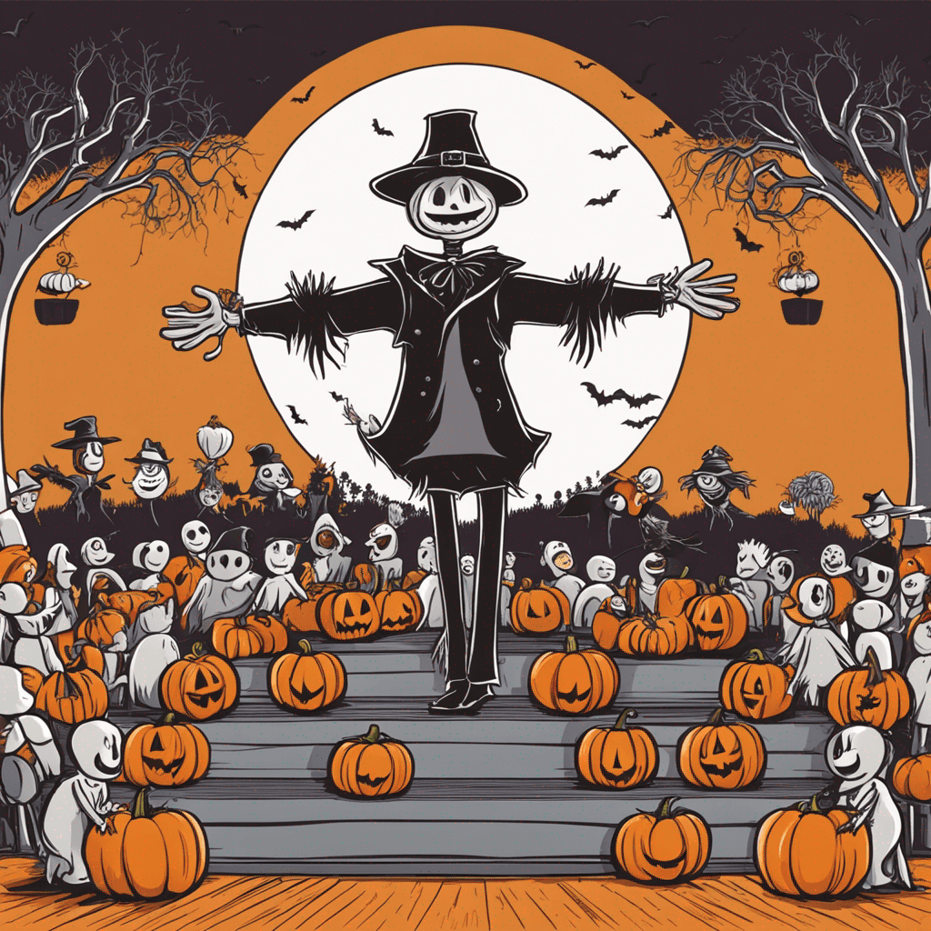 A cartoon outline of a Halloween scarecrow on a comedy club stage making jokes in front of a crowd of laughing pumpkins