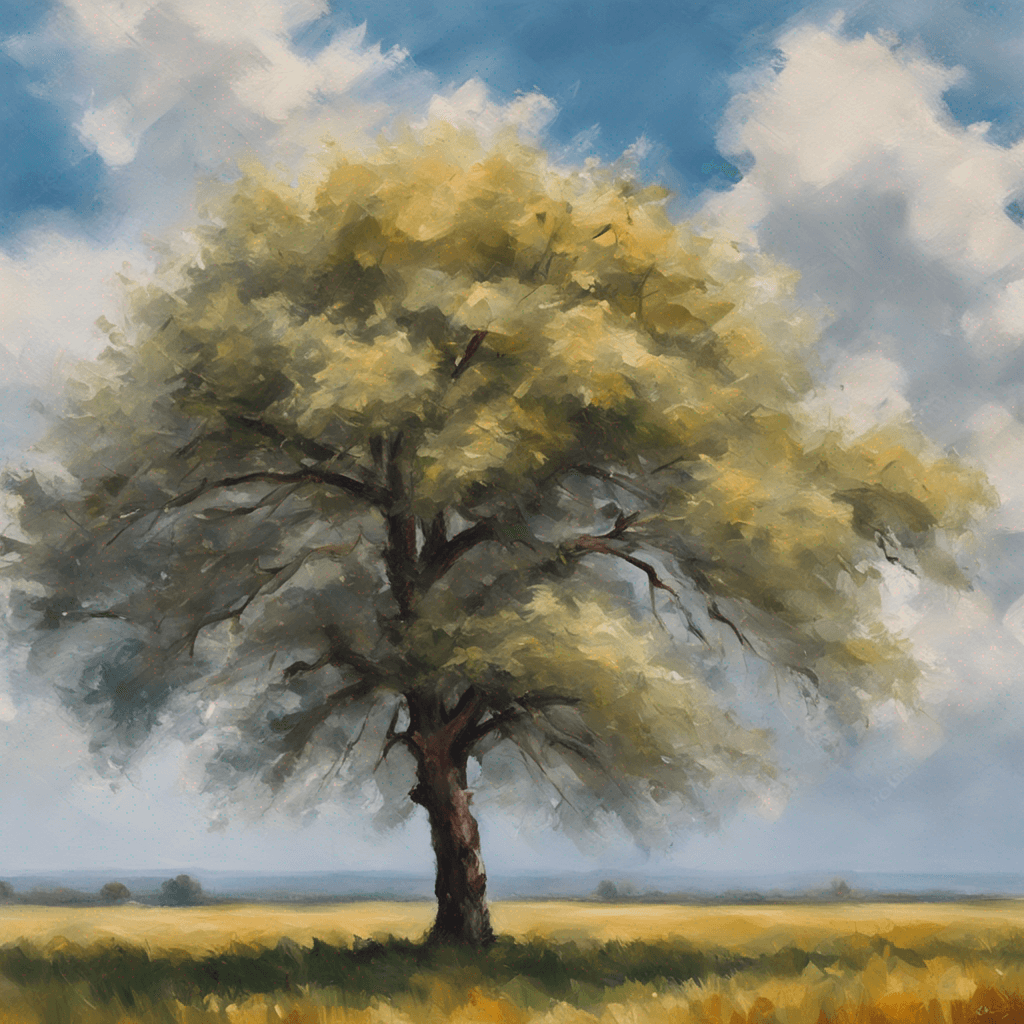 a picture of a cloudy sky with a single tree in the foreground. Impressionist style, painted with oil paints, close up shot with a telephoto lens, 4K resolution.