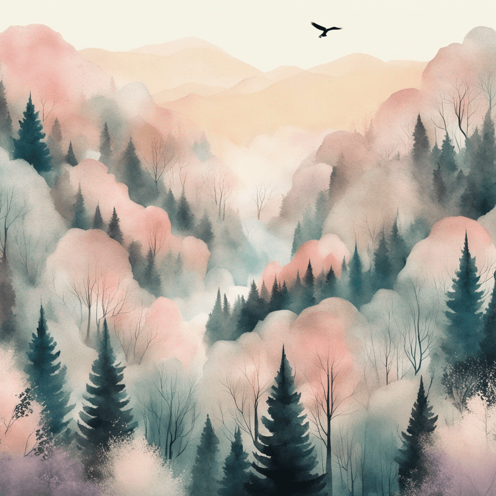 a picture of a surreal forest landscape. Soft, dreamy, pastel colors with a hint of fantasy. Watercolor and paper textured print, vector posters. Illustration, travel art minimal scene, birds eye view. Medium telephoto lens, 4K resolution.