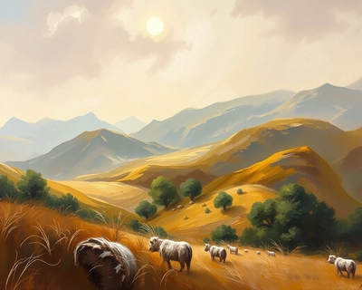 a beautiful landscape scene, oil painting style, rich thick brushstrokes, classical fine art, museum quality oil on canvas, soft diffused lighting, dreamy ethereal glow, earthy natural color palette, browns greens and warm neutrals, highly detailed, rich textures, intricate details