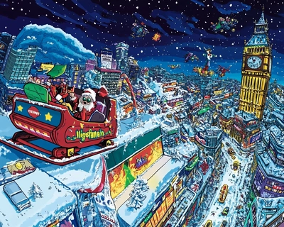A High Definition advent scene, with the cartoon feel of a sleigh ploughing across trivial news stories of 2024 filled with computer gaming references and drawn in the style of a colourful British comic akin to absurdist comedy of Thank Goodness You're Here