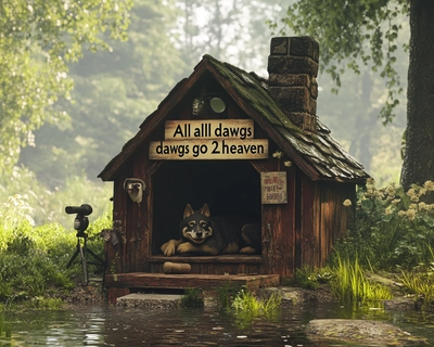A doghouse with a sign that says "All Dawgs Go 2Heaven" with discrete masked figure laying on top. It is near a stream and there is also a microphone 