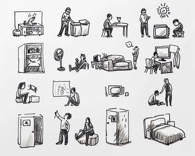 doodles of people spending time in different scenarios