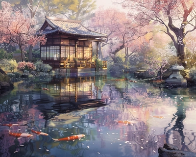 A serene Japanese garden in the early morning, with a traditional wooden tea house in the background, surrounded by cherry blossom trees in full bloom. The scene is reflected in a tranquil koi pond in the foreground. The art style should be inspired by the delicate watercolor techniques of Katsushika Hokusai, with soft pastel colors and intricate details. The image should be captured with a wide-angle lens to encompass the full beauty of the garden.