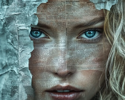 A newspaper print photo of a beautiful blue eyes blonde woman made into a jigsaw puzzle with the pieces shuffled and missing. 