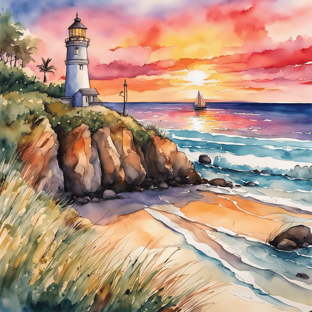 a picture of a vibrant, colorful sunset over a beach with a lighthouse in the distance. Watercolor and ink painting, close up, 4K resolution.