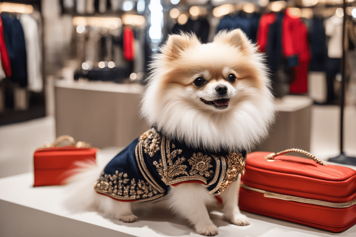 a small dwarf spitz dog in a luxury clothing store