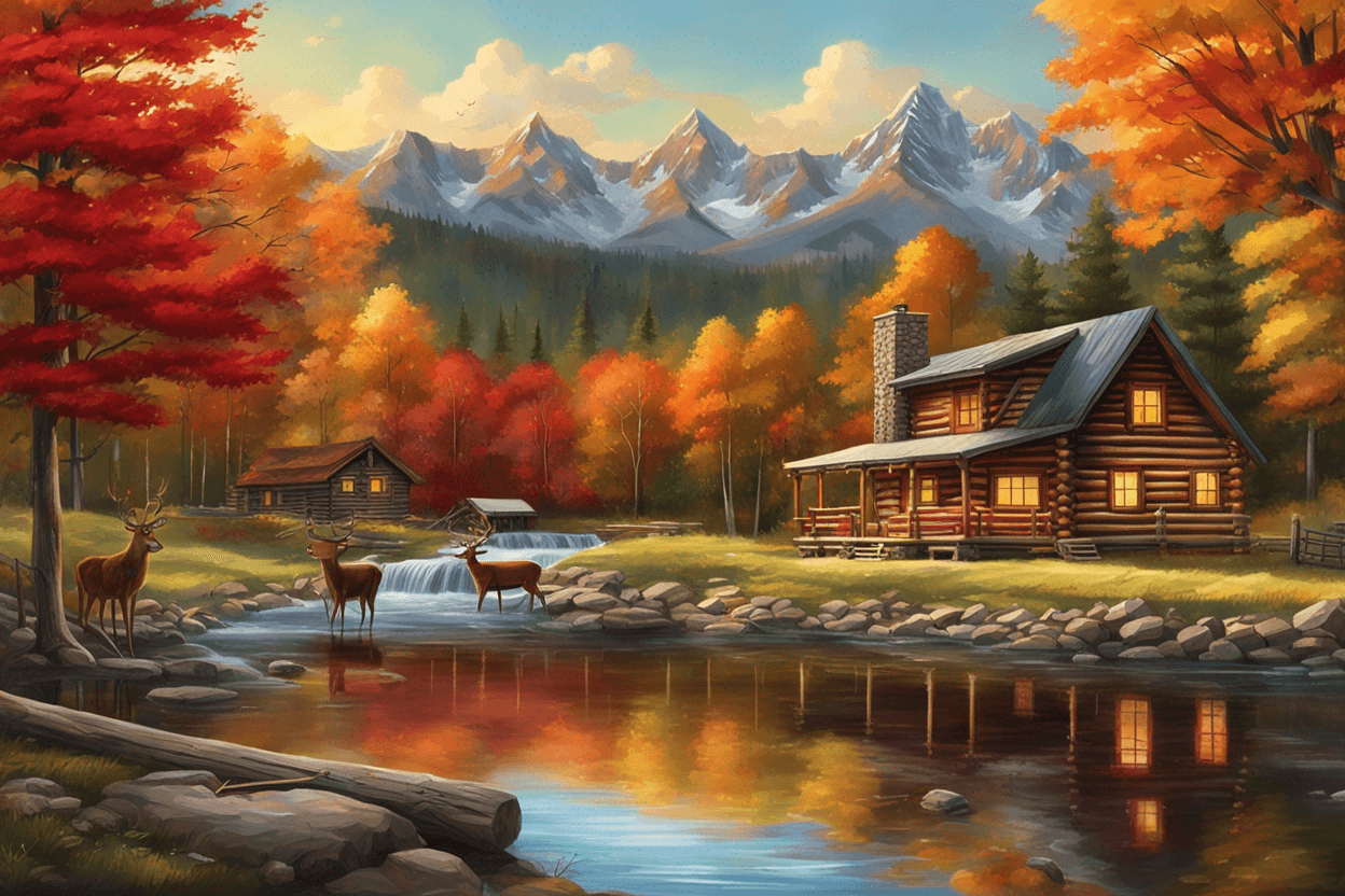 mountain  background with sun setting,  a 2-story log cabin in the foreground nestled at a 45 degree angle in the fall trees, front porch on the cabin , warm light shining from the windows, a flowing stream goes from left to right in the picture.  Draw a wooden  dock below the cabin, a  red canoe is tied to the dock, two grazing deer on the opposite side of stream. Picture is drawn in the style of artist Terry Redlin
Make fall folilage around th cabin and turn the cabin so the porch faces the bottom left corner .
Canoe shoud be in the water, but tied to the dock. 
Make the dock on the same side as the cabin, Make one of the grazing deer a buck with antlers. 

