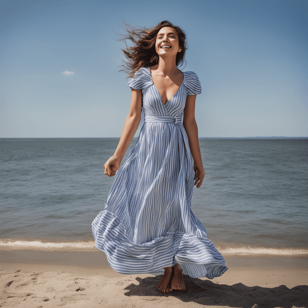 This photograph captures a heartwarming scene of a young woman, approximately 25 years old, standing in front of a serene body of water. She is adorning a blue and white striped dress that gently billows in the wind, adding a touch of charm to her overall appearance. With her hands, she is tenderly forming a heart shape, eloquently expressing her joy and love for the moment. In the distance, a boat can be spotted, adding an element of interest to the photograph. The sky overhead is a beautiful canvas of fluffy clouds, with the hues of a setting sun gently illuminating it. The pristine lake, the intriguing boat, the joyous woman, and the awe-inspiring sky combine to create a captivating scene, reminiscent of a tranquil vacation by the beach.
