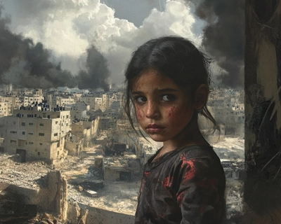realistic scene of poor palestinian child under bombs of israeli army